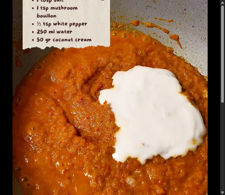 Step 2.1: Add salt, mushroom bouillon, white pepper, water, and coconut cream to the sautéed spice paste