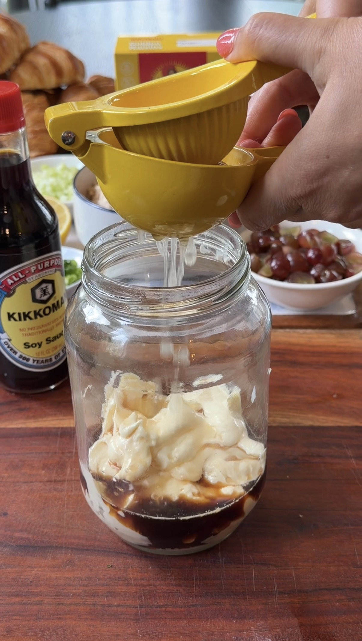 Step 1.1: Whisk together the mayonnaise, soy sauce, lemon juice, curry powder, and mango chutney in a separate bowl until smooth and creamy