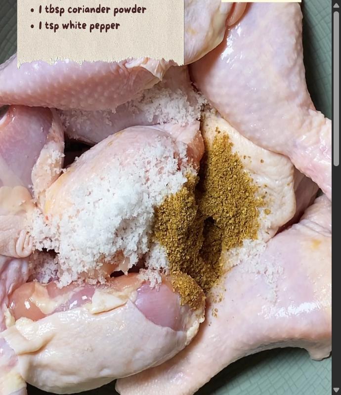 Step 1.1: Marinate the chicken with salt, coriander powder, and white pepper