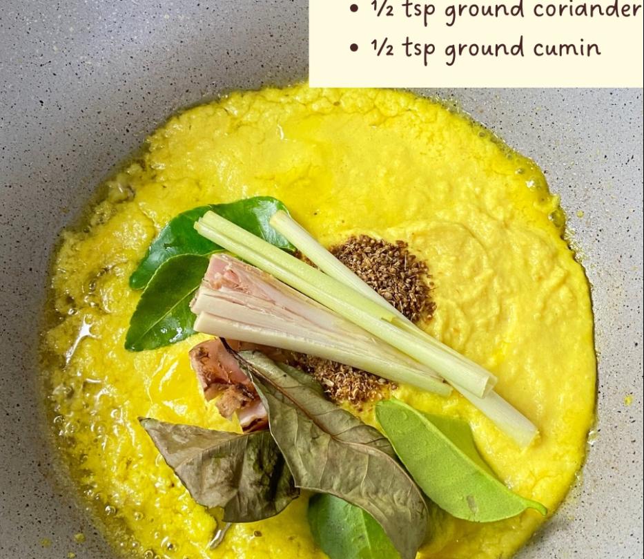 Step 1.1: Saute the spice paste with the aromatics (galangal, lemongrass, lime leaves, bay leaves, ground coriander, ground cumin) until fragrant