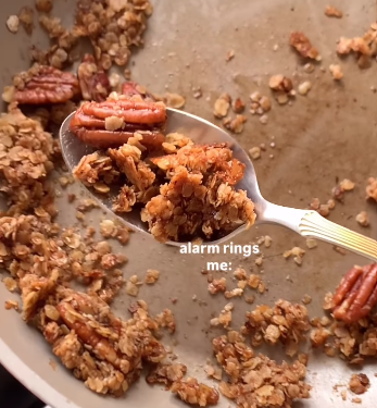 Step 1.1: Toast gluten free oats with pecans, cinnamon, olive oil, and honey in a pan until golden and fragrant