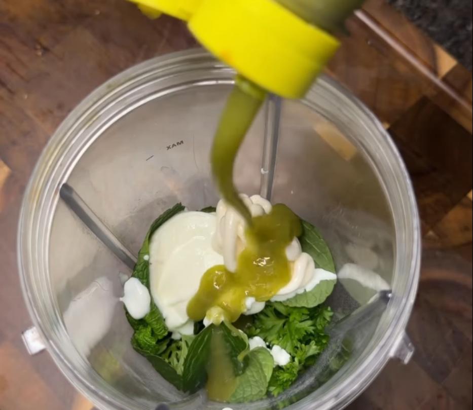 Step 3.1: Add Greek yoghurt, fresh mint, fresh parsley, low fat mayo, jalapeño hot sauce, lime juice, garlic, and salt to a blender