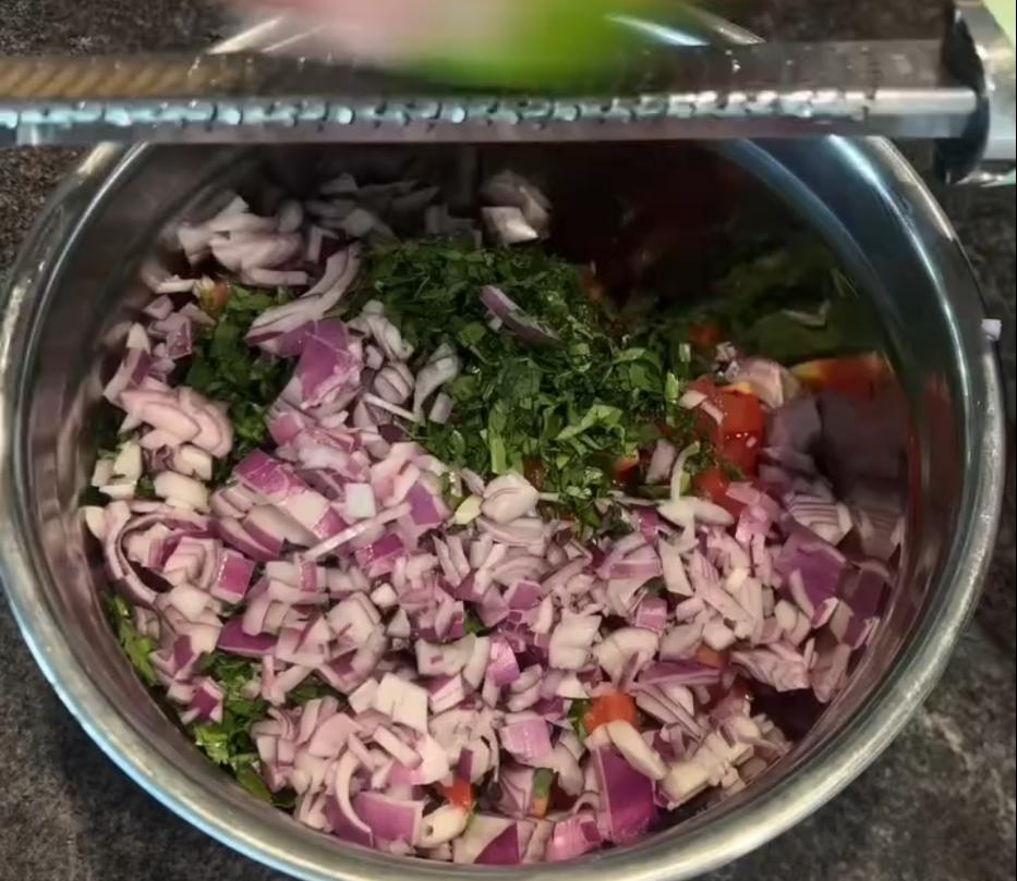 Step 1.1: Dice the tomatoes and red onion, finely chop the coriander, then combine with the lime juice and season with salt and pepper