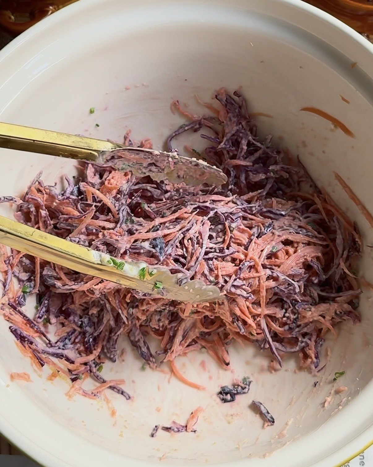 Step 2.6: Mix purple cabbage, carrots, sour cream, garlic granules, chives, and salt in a bowl until combined