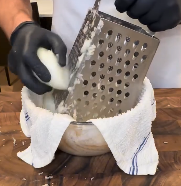 Step 1.1: Peel the potatoes, then grate both the potatoes and onions using the smallest holes on a box grater