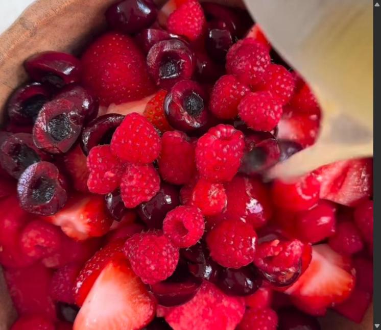 Step 1.1: Add watermelon, cherries, raspberries, and strawberries into a large bowl