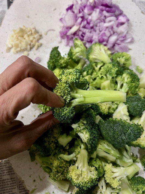 Step 1.1: Cut broccoli into florets and peel and chop the thicker stems