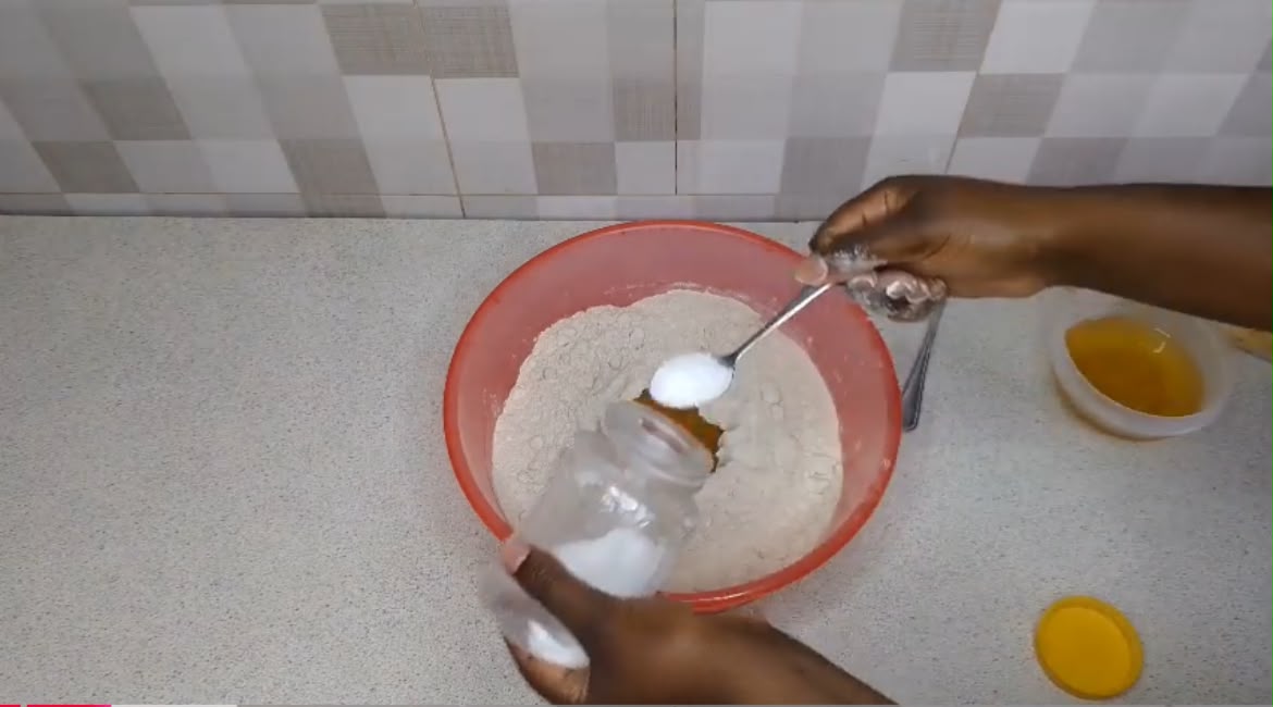 Step 1.2: Combine the whole wheat flour and salt in a large mixing bowl