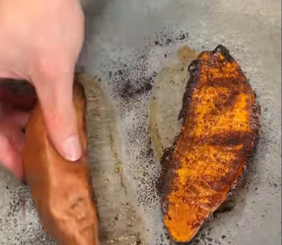 Step 1.1: Place sweet potatoes flat side down on a lined baking tray