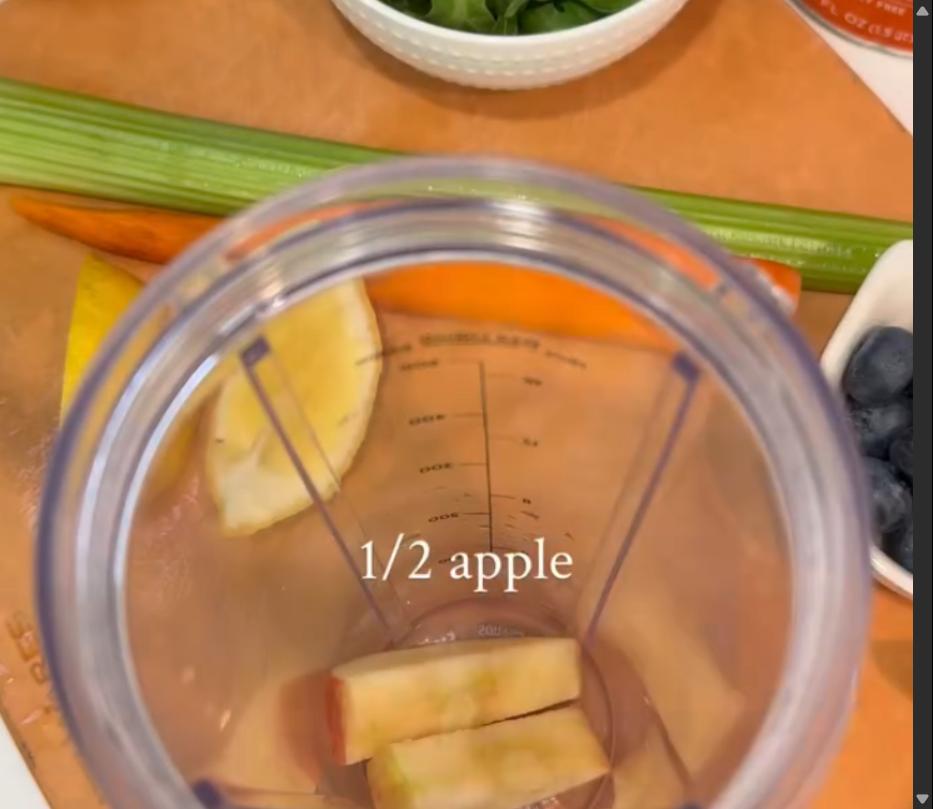 Step 1.1: Add apple, lemon juice, blueberries, carrot, celery, mandarin orange, arugula, turmeric powder, beet juice, and plant milk to a blender