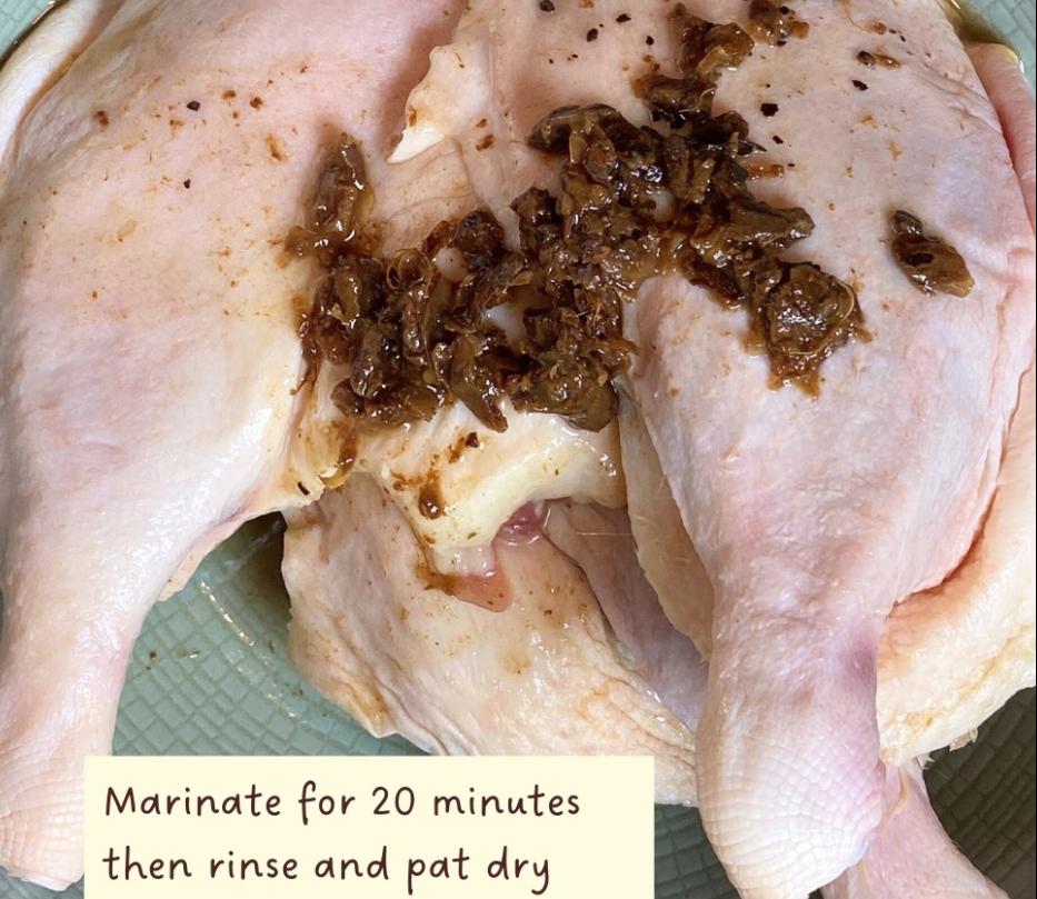 Step 1.1: Marinate the duck with salt, tamarind paste, and water for 20 minutes, then rinse and pat dry