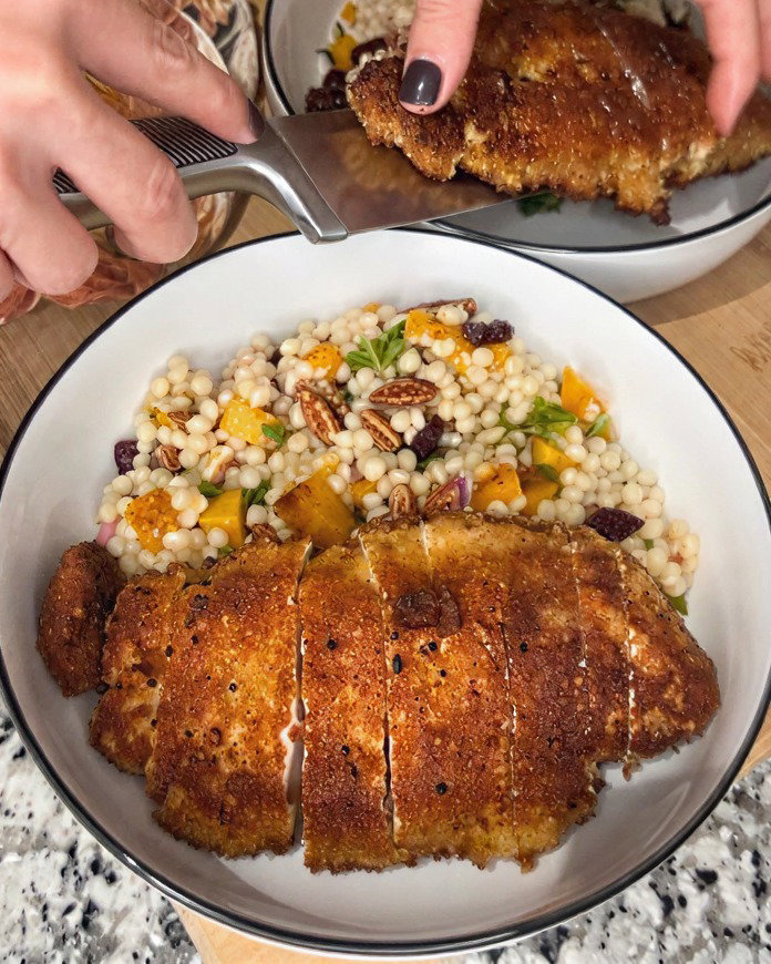 Autumn Couscous Salad with Crispy Hot Honey Chicken recipe