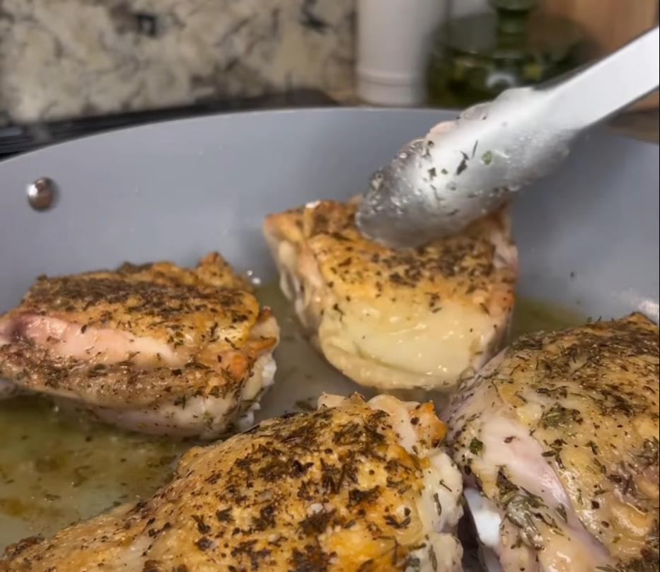 Step 1.1: Place chicken skin-side down in the pan and cook until browned and crispy, then flip and cook the other side