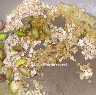 Step 2.1: Toast gluten free oats, butter, pistachios, and honey in a pan over medium heat until golden and fragrant