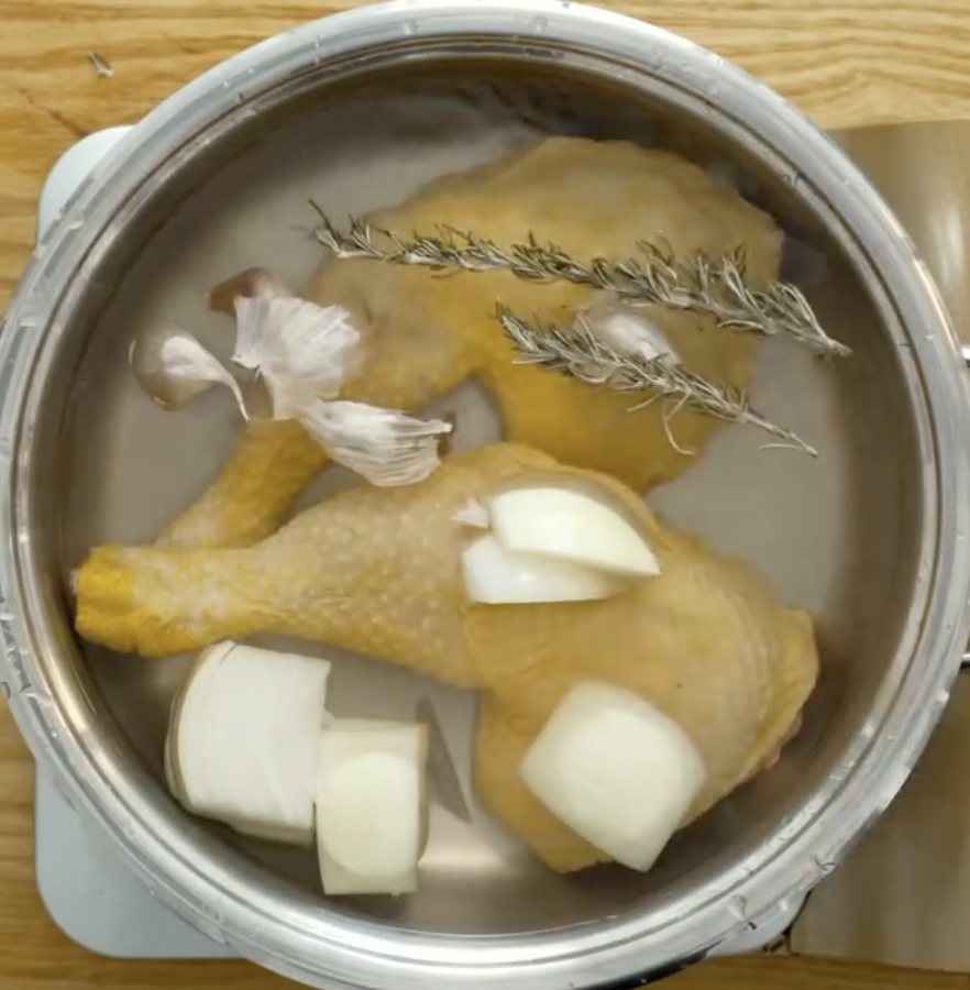 Step 1.1: Cook the chicken legs in simmering salted water with aromatics if desired