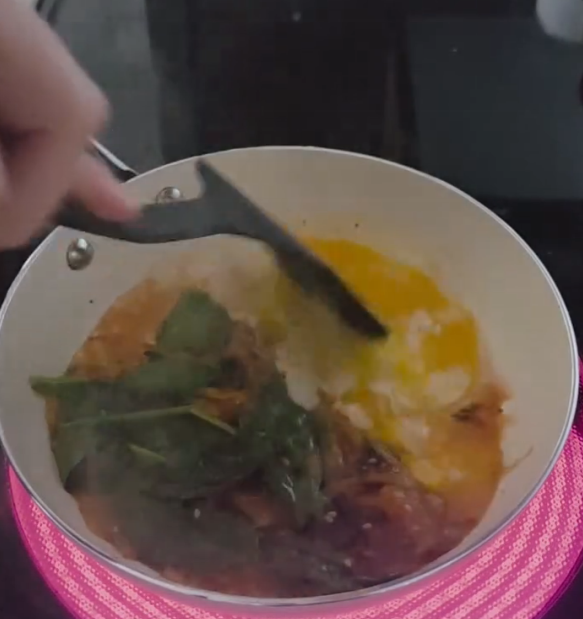 Step 1.1: Push the kimchi and spinach to one side of the pan