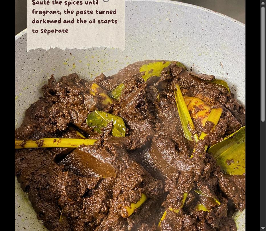 Step 2.1: Saute the spice paste until fragrant, the paste turns darkened and the oil starts to separate