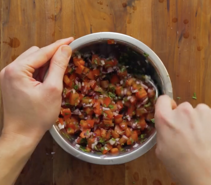 Step 1.1: Mix tomato, onion, and coriander with lime juice and salt