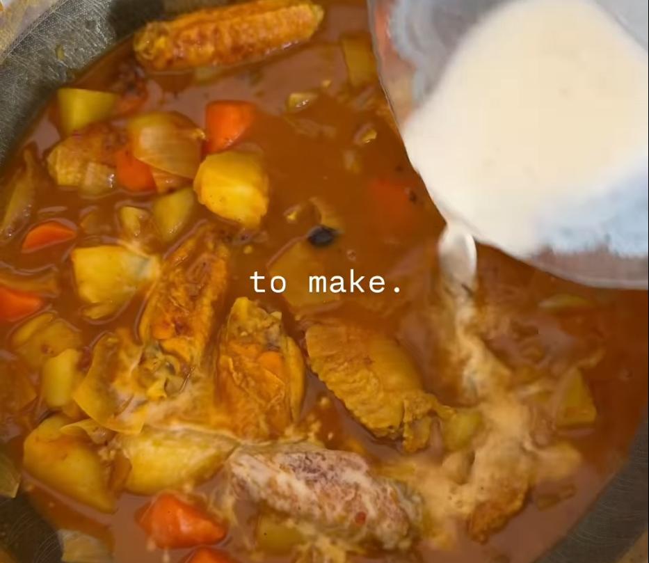 Step 1.1: Add the potatoes and carrots back in, reduce the heat to low, pour in the coconut milk, and stir in the cornstarch slurry before turning off the heat