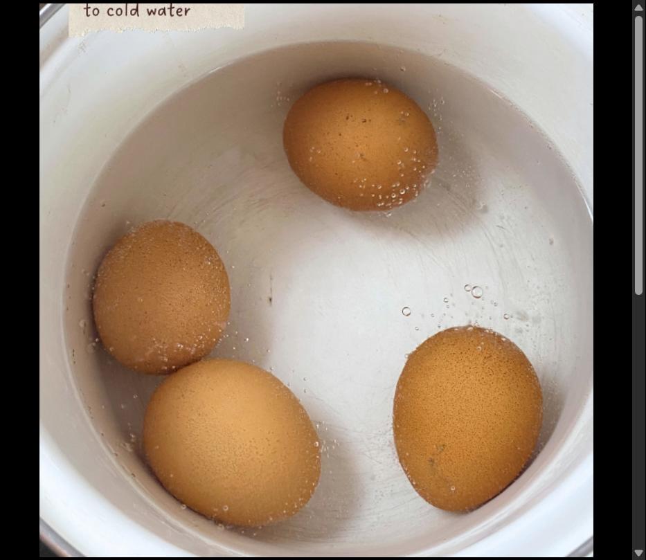 Step 1.1: Boil the eggs for 8 minutes until firm, then transfer them to cold water and peel