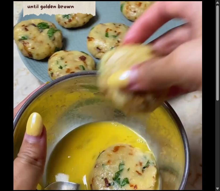 Step 1.1: Coat the patties with egg and fry over medium heat until golden brown