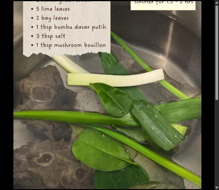 Step 2.1: Combine 2 liters of water, blanched beef ribs, green onion, lime leaves, bay leaves, bumbu dasar putih, salt, and mushroom bouillon in a pot