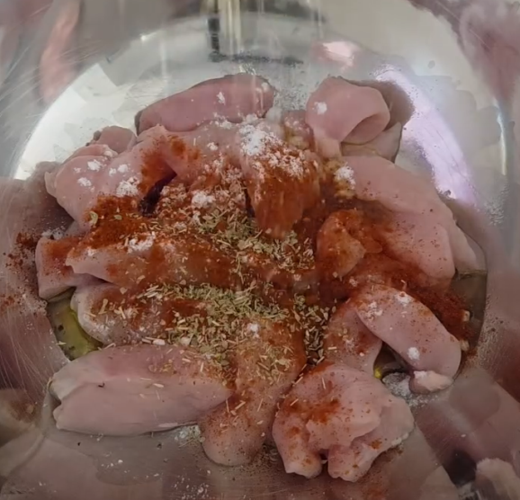 Step 1.1: Slice or dice the chicken breast and season liberally with paprika, oregano, garlic replacer, salt, and pepper