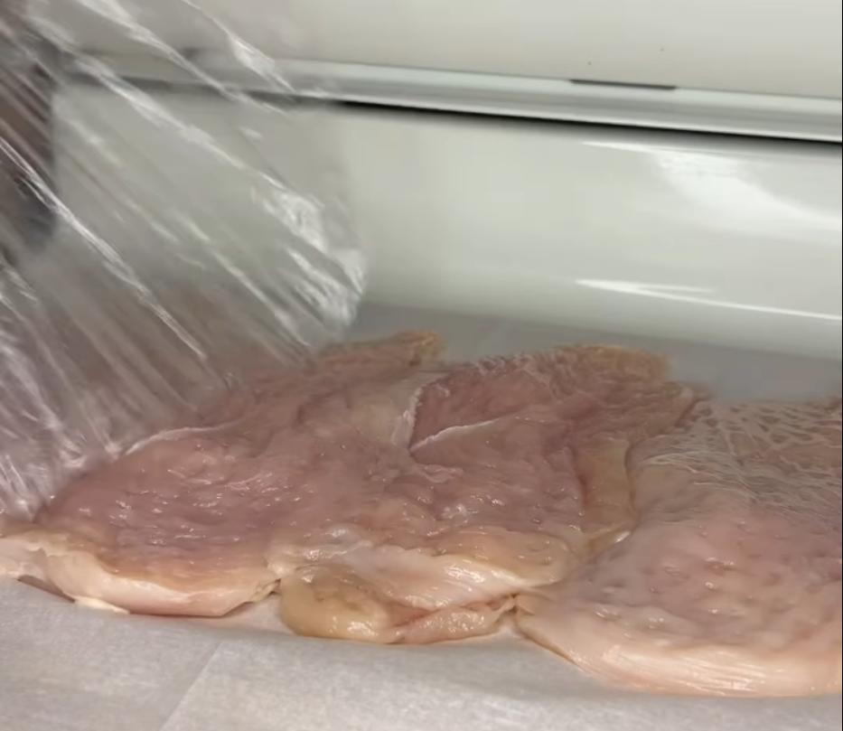 Step 1.1: Slice chicken breasts in half lengthwise, and pound to thin