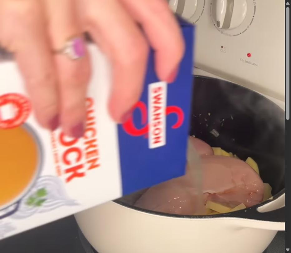 Step 1.1: Add potatoes, chicken breasts, and chicken stock to the pot