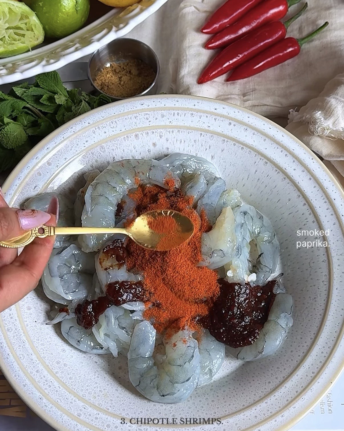 Step 1.2: Marinate the shrimps with chipotle paste, smoked paprika, ground cumin, salt to taste