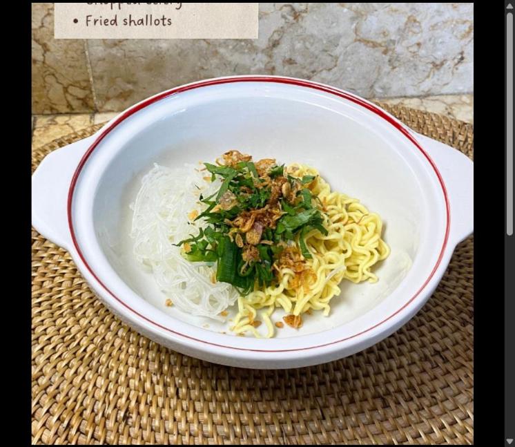 Step 3.1: Serve the bakso with noodles, chopped green onions, chopped celery, and fried shallots