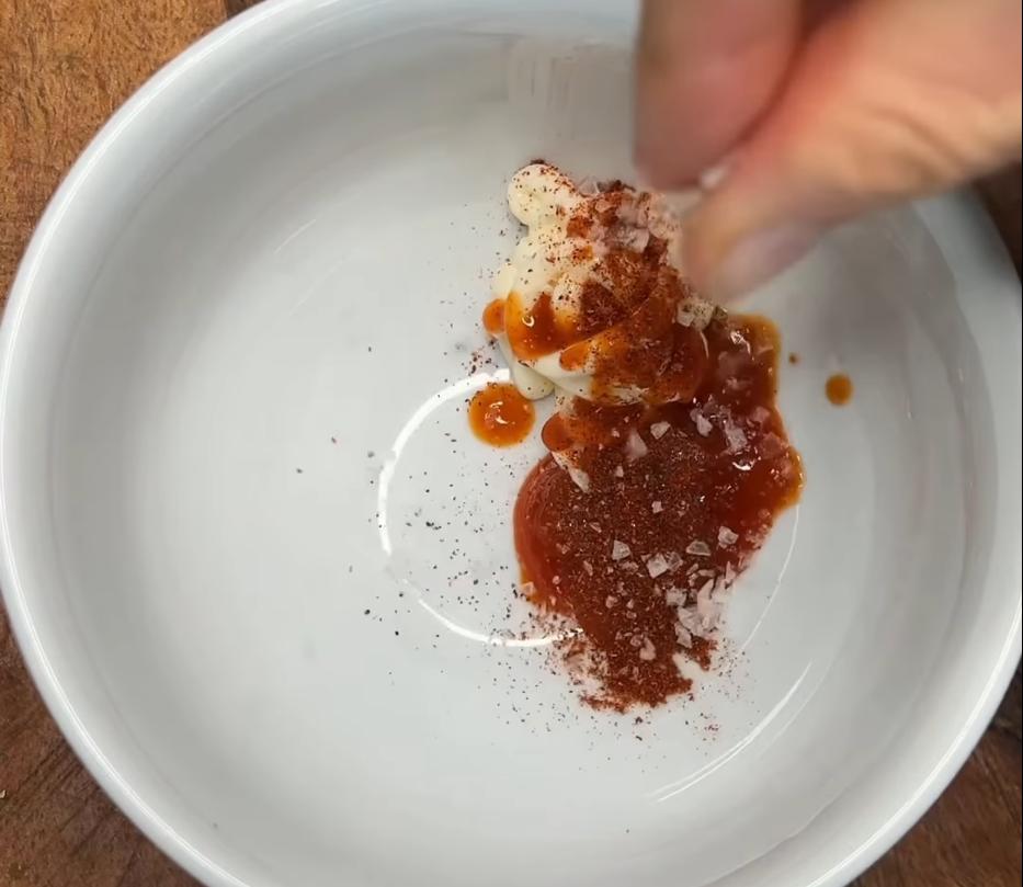 Step 1.1: Mix the low fat mayo, Sriracha, hot sauce, smoked paprika, and a pinch of salt together until smooth