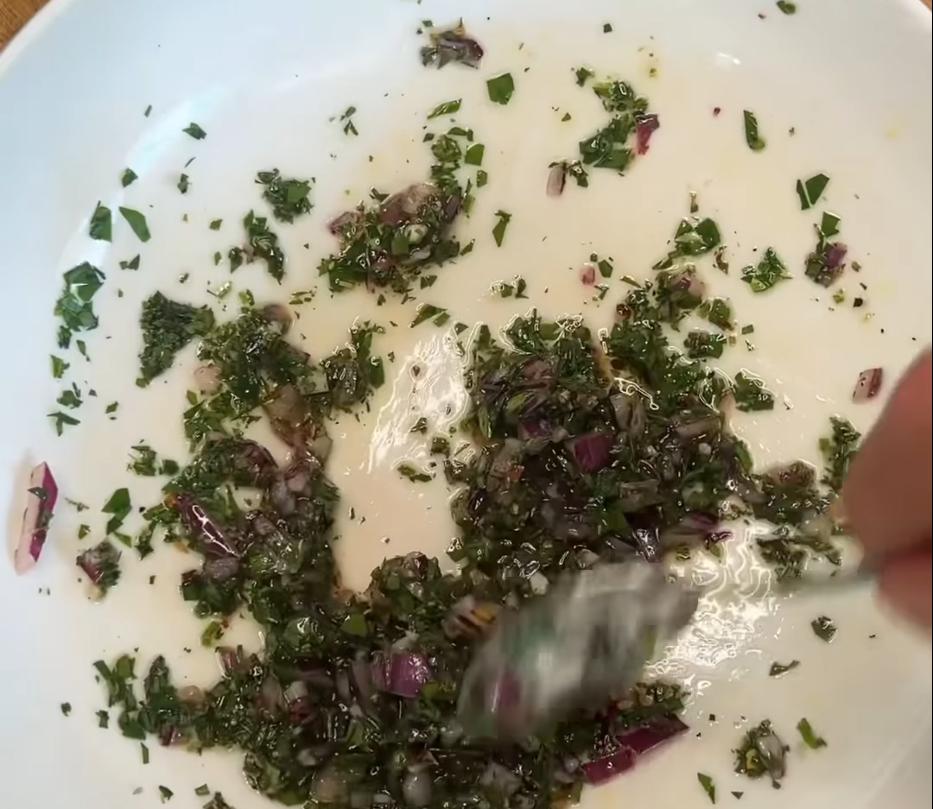 Step 2.1: Combine parsley, garlic, red onion, dried oregano, chili flakes, red wine vinegar, and olive oil