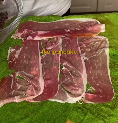 Step 4.1: Layer the prosciutto over the crêpes, then spread the mushroom duxelles evenly on top