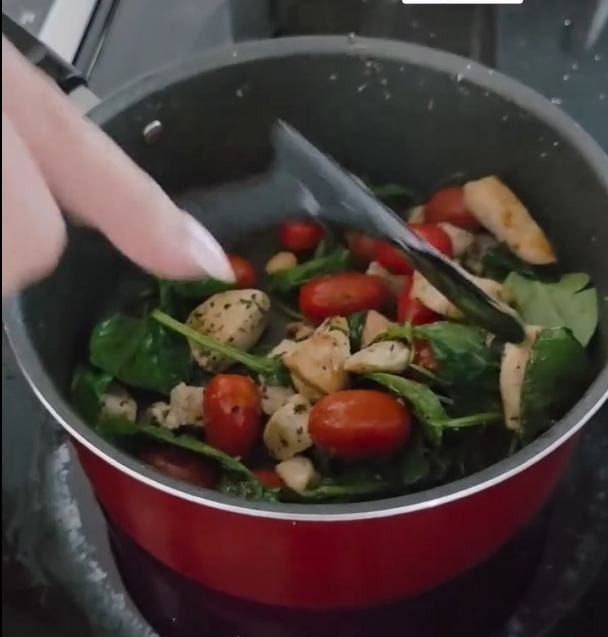 Step 1.1: Add the cherry tomatoes, baby spinach, dried basil, dried oregano, dried chives, salt, and black pepper