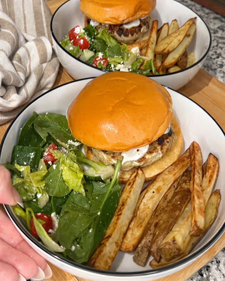 Turkey Burgers with Air-Fried Garlic Fries recipe