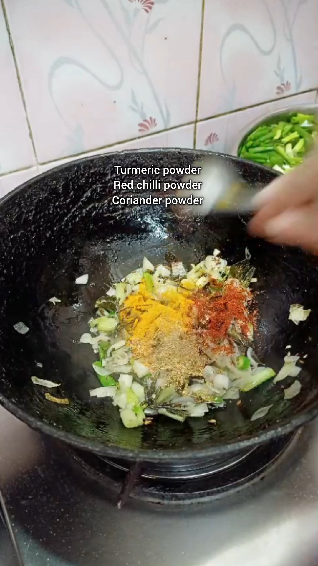 Step 1.1: Add red chilli powder, turmeric powder, and coriander powder