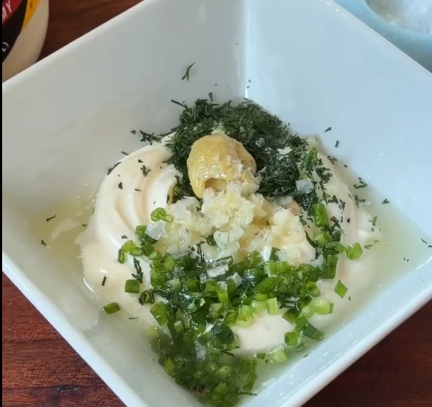 Step 2.1: Whisk together mayonnaise, grated garlic, dijon mustard, lemon juice, and chopped chives