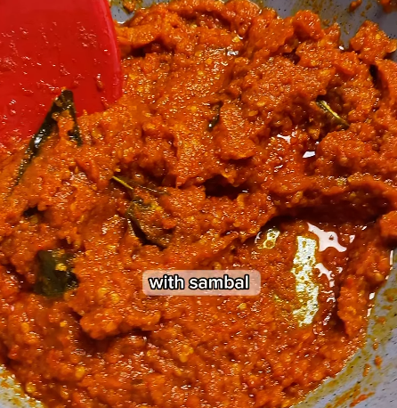 Step 2.1: Add lime leaves, salt, mushroom bouillon, and sugar to the sambal, stirring well to combine