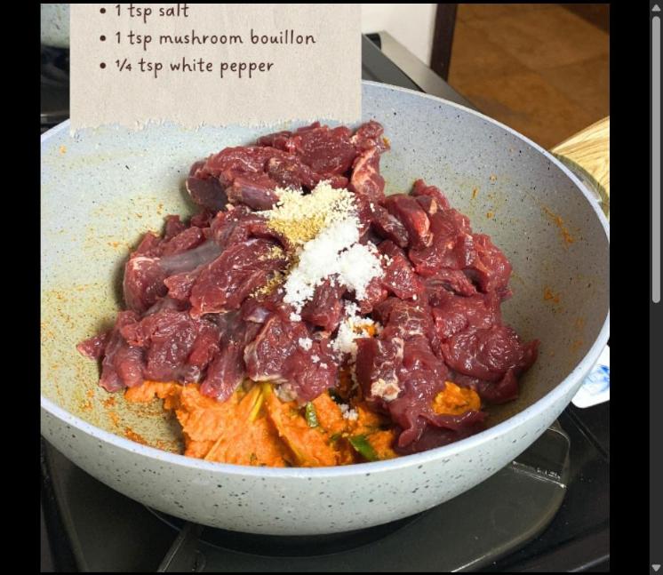 Step 5.1: Mix in the beef and add the coriander powder, salt, mushroom bouillon, and white pepper