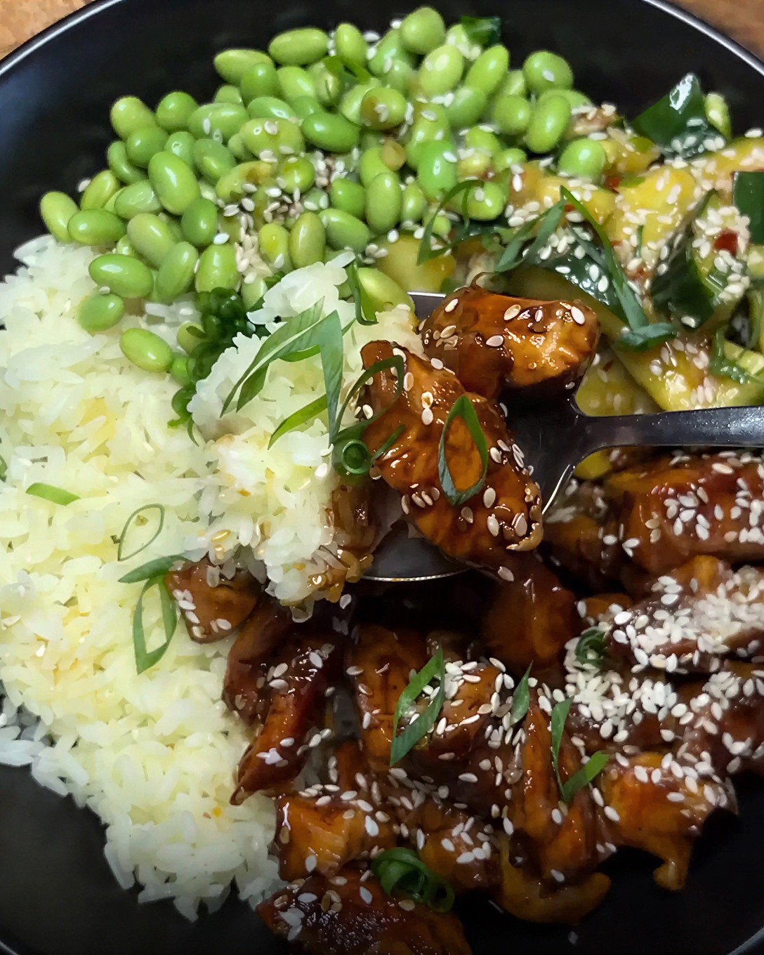 Teriyaki Chicken with Smashed Cucumber Salad and Edamame Beans recipe