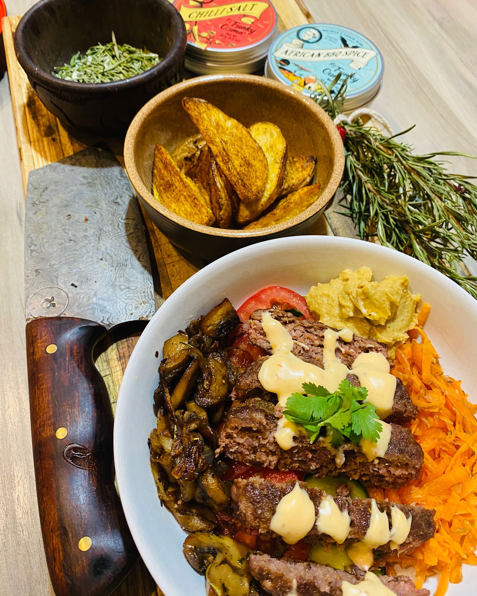 Comfort-Style Beef Bowl Salad with Air-Fryer Potato Wedges and Lemon Aioli recipe