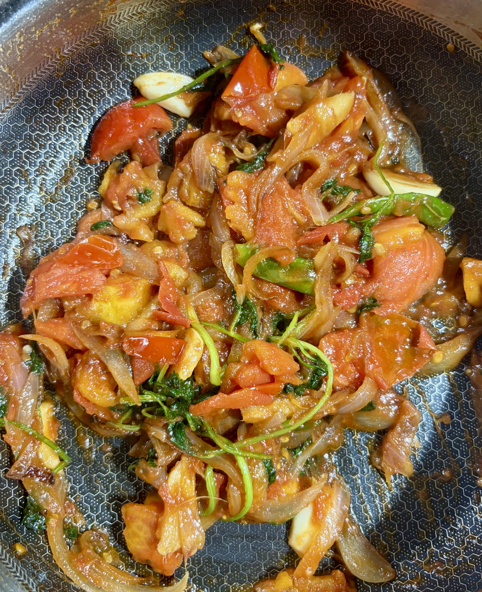 Step 1.2: Add chopped tomatoes, coriander stems/leaves, and ½ tsp salt