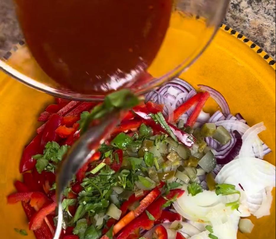 Step 1.1: Combine the potatoes and vegetables with the salad dressing