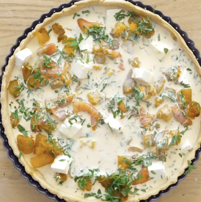 Step 3.1: Pour the filling into the tart shell over the salmon