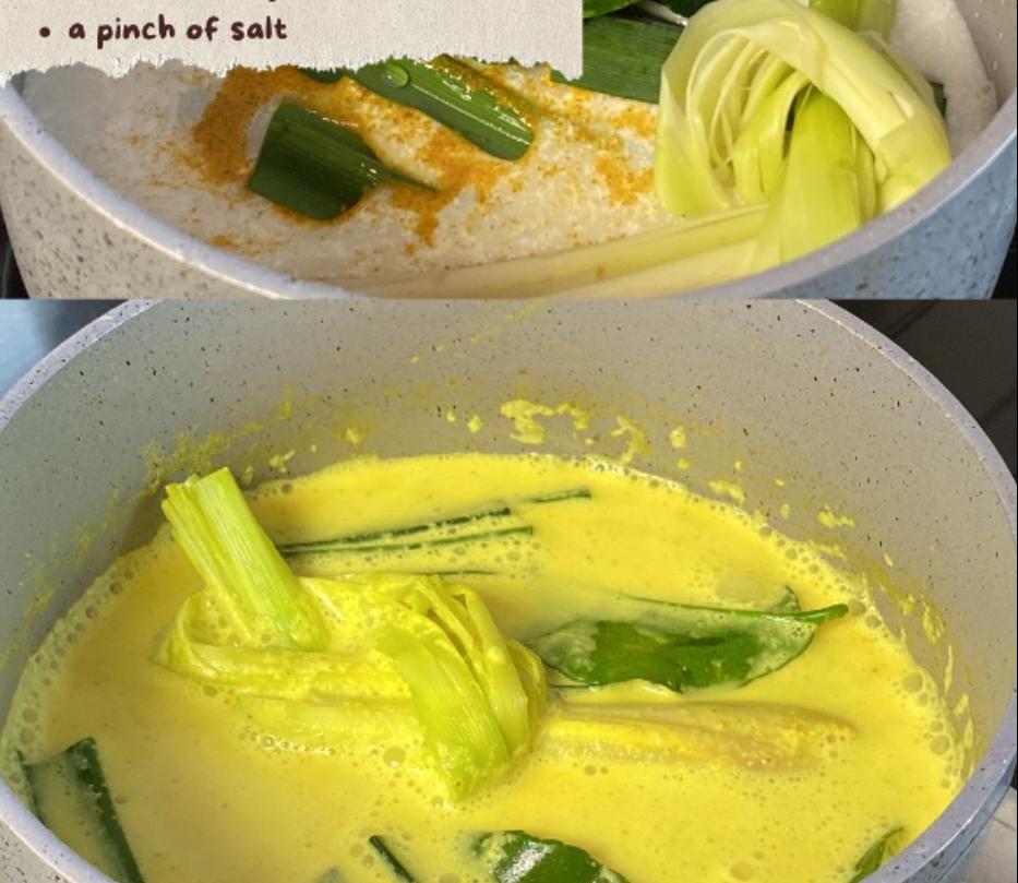 Step 1.1: Infuse the aromatics by combining coconut cream, water, pandan leaves, lime leaves, turmeric powder, lemongrass and salt