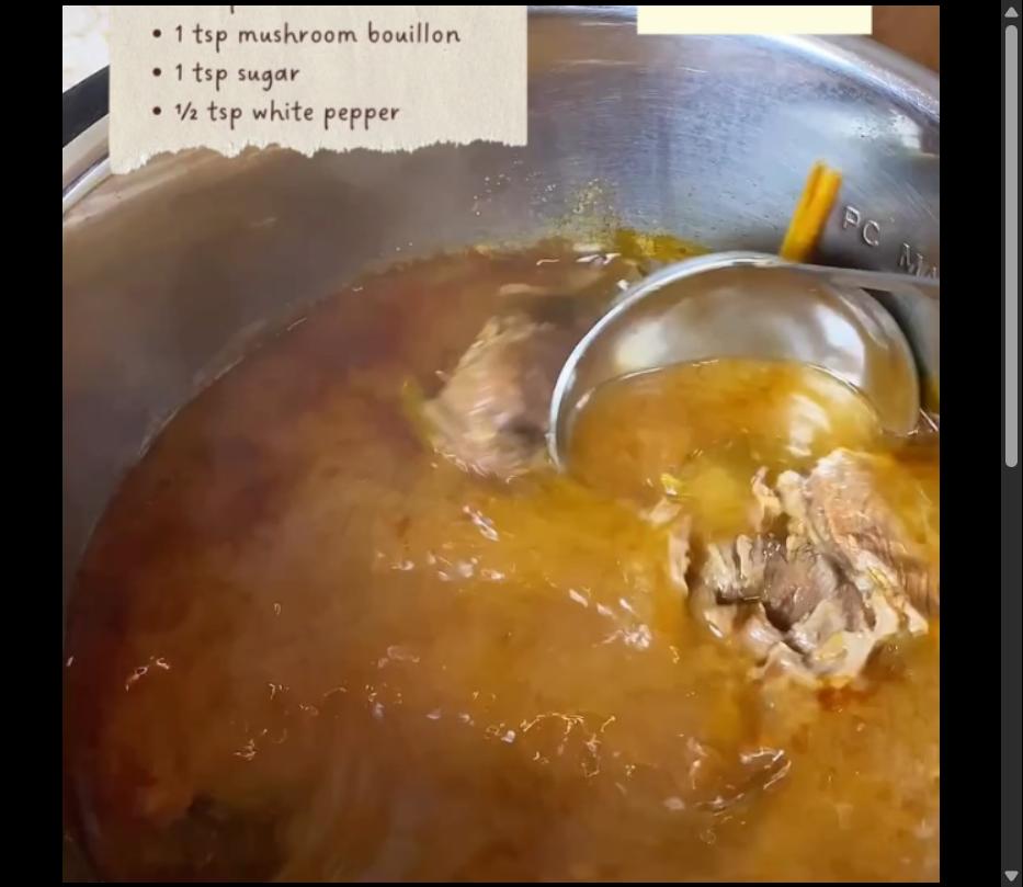 Step 6.1: Once the beef is tender, add the chopped carrot, green onion stalk, salt, mushroom bouillon, sugar, and white pepper