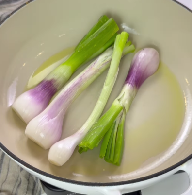 Step 1.1: Place the spring onions flat side down and let them cook undisturbed until beautifully golden and slightly caramelized