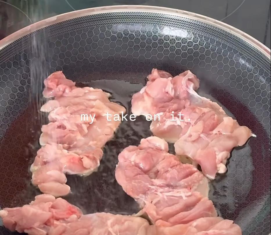Step 1.1: Heat a pan on medium high with oil, then add the chicken and season with salt and pepper
