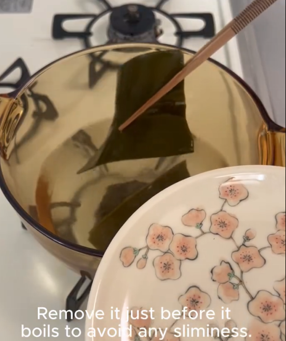 Step 1.1: Remove the kombu just before the water reaches a boil to prevent the broth from becoming slimy or bitter